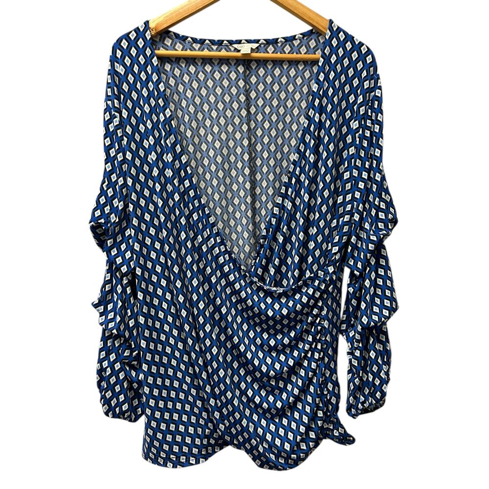 Cato Plus Size 22/24W V Neck Ruched‎ Top Blue White Stretch Blouse Womens
